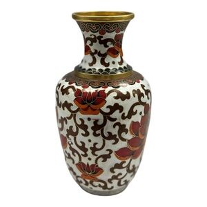 Vintage Cloisonné Lotus Floral Vase Brass Rim
